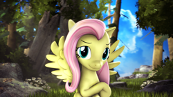 Size: 3840x2160 | Tagged: safe, artist:apexpredator923, character:fluttershy, species:pegasus, species:pony, 3d, 4k resolution, cute, female, forest, grass, high res, looking at you, mare, revamped ponies, shyabetes, smiling, solo, source filmmaker, tree, wings