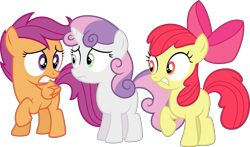 Size: 4008x2356 | Tagged: safe, artist:tourniquetmuffin, character:apple bloom, character:scootaloo, character:sweetie belle, species:earth pony, species:pegasus, species:pony, species:unicorn, episode:twilight time, g4, my little pony: friendship is magic, bow, cutie mark crusaders, female, filly, hair bow, nervous, simple background, transparent background, vector