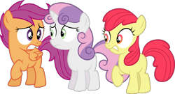 Size: 4008x2167 | Tagged: safe, artist:tourniquetmuffin, edit, editor:slayerbvc, character:apple bloom, character:scootaloo, character:sweetie belle, species:earth pony, species:pegasus, species:pony, species:unicorn, episode:twilight time, g4, my little pony: friendship is magic, accessory-less edit, cutie mark crusaders, female, filly, missing accessory, nervous, simple background, transparent background, vector, vector edit