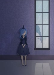 Size: 721x1000 | Tagged: safe, artist:tinrobo, character:princess luna, species:human, eyes closed, female, hair over one eye, humanized, lonely, night, s1 luna, solo, wall, window