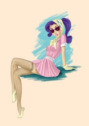 Size: 752x1063 | Tagged: safe, artist:ladyamaltea, character:rarity, camping outfit, clothing, humanized, pinup, pointed breasts, skinny, stockings, sunglasses
