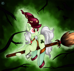 Size: 2547x2446 | Tagged: safe, artist:appleneedle, oc, oc only, oc:leaky cauldron, species:earth pony, species:pony, bracelet, broom, clothing, ear piercing, earring, female, flats, flying, flying broomstick, hat, jewelry, mare, piercing, raised hoof, socks, solo, stockings, thigh highs, tree, witch, witch costume, witch hat, wristband