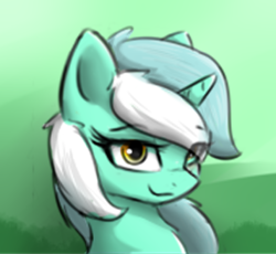 Size: 356x328 | Tagged: safe, artist:d.w.h.cn, character:lyra heartstrings, species:pony, species:unicorn, abstract background, bust, cute, eye clipping through hair, female, lidded eyes, lowres, lyrabetes, mare, portrait, smiling, solo
