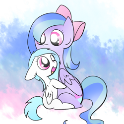 Size: 500x500 | Tagged: safe, artist:wisheslotus, oc, oc only, oc:carmen, oc:wishes, species:pegasus, species:pony, abstract background, bow, duo, female, hair bow, mare, pegasus oc, simple background, smiling, transparent background, wide eyes, wings