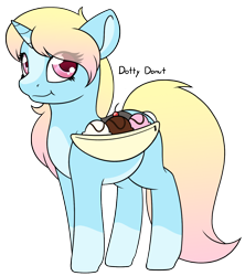 Size: 1172x1320 | Tagged: safe, artist:mynder, oc, oc:dotty donut, species:pony, species:unicorn, banana, banana split, blaze (coat marking), cherry, crack ship offspring, cute, female, filly, food, ice cream, looking at you, markings, multicolored hair, pale belly, saddle bag, smiling, socks (coat marking), solo