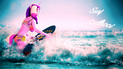 Size: 3840x2160 | Tagged: safe, artist:apexpredator923, character:princess cadance, species:anthro, species:pony, 3d, 4k, bikini, clothing, female, mare, ocean, solo, source filmmaker, surfboard, swimsuit, text, wallpaper, writing