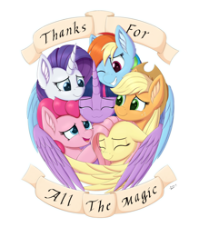 Size: 3500x4000 | Tagged: safe, artist:arcane-thunder, character:applejack, character:fluttershy, character:pinkie pie, character:rainbow dash, character:rarity, character:twilight sparkle, character:twilight sparkle (alicorn), species:alicorn, species:earth pony, species:pegasus, species:pony, species:unicorn, applejack's hat, banner, cheek fluff, clothing, cowboy hat, crying, cute, ear fluff, end of ponies, eyes closed, female, freckles, group, group hug, hat, high res, hug, mane six, mare, one eye closed, open mouth, simple background, smiling, stetson, tears of joy, text, transparent background, wings