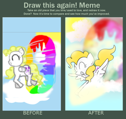 Size: 784x744 | Tagged: safe, artist:wisheslotus, character:surprise, species:pegasus, species:pony, g4, my little pony: friendship is magic, cloud, comparison, draw this again, eyes closed, female, flying, mare, redraw, smiling, sonic rainboom