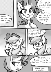 Size: 1024x1458 | Tagged: safe, artist:provolonepone, character:applejack, character:rarity, species:earth pony, species:pony, species:unicorn, comic:a sapphic story, applejack's hat, blushing, clothing, comic, coming out, cowboy hat, dialogue, hat, monochrome, speech bubble