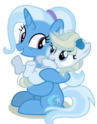 Size: 792x1009 | Tagged: safe, artist:bounswetie, artist:venomous-cookietwt, base used, character:trixie, oc, oc:lunar rose, parent:prince blueblood, parent:trixie, parents:bluetrix, species:pony, species:unicorn, duo, female, filly, flower, flower in hair, like mother like daughter, looking at each other, mare, mother and daughter, next generation, offspring, older, older trixie, simple background, sitting, transparent background