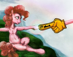 Size: 1534x1204 | Tagged: safe, alternate version, artist:dungeonxdrugs, artist:miradge, character:pinkie pie, species:earth pony, species:pony, armpits, female, fine art parody, foam finger, mare, pinkie being pinkie, solo, the creation of adam