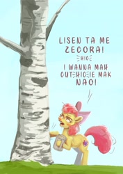 Size: 2480x3508 | Tagged: safe, artist:miradge, character:apple bloom, species:earth pony, species:pony, birch, bow, cider, cider mug, dialogue, drunk, drunker bloom, female, implied zecora, mare, mug, solo, tree, underaged drinking