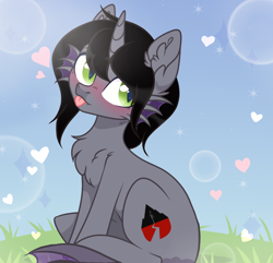 Size: 2472x2385 | Tagged: safe, artist:kim0508, base used, species:pony, base:sparkling light, chest fluff, commission, curved horn, ear fluff, fins, fish tail, hair over one eye, half-siren, horn, hybrid, kellin quinn, male, ponified, sitting, sleeping with sirens, slit eyes, solo, tongue out, ych result