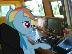 Size: 640x480 | Tagged: safe, artist:ponyrailartist, character:rainbow dash, species:pegasus, species:pony, female, irl, irl pony, mare, photo, ponies in real life, railroad, solo, train