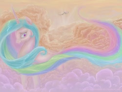 Size: 1200x912 | Tagged: safe, artist:celestiathegreatest, character:discord, character:princess celestia, species:alicorn, species:draconequus, species:pony, ship:dislestia, cloud, cloudy, female, flying, male, mare, scenery, shipping, solo focus, straight