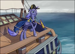 Size: 1234x894 | Tagged: safe, artist:marbleyarns, character:princess luna, species:alicorn, species:pony, airship, bicorne, captain luna, clothing, coat, female, hat, mare, ocean, ship, solo, telescope
