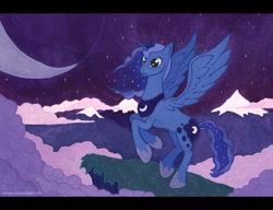 Size: 716x550 | Tagged: safe, artist:marbleyarns, character:princess luna, species:alicorn, species:pony, cloud, cloudy, female, mare, moon, mountain, night, rearing, solo, stars