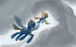 Size: 1480x920 | Tagged: safe, artist:marbleyarns, character:rainbow dash, character:spitfire, species:pegasus, species:pony, clothing, duo, duo female, female, flying, goggles, mare, sky, uniform, wonderbolts, wonderbolts uniform
