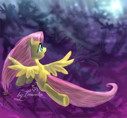 Size: 800x743 | Tagged: safe, artist:imanika, character:fluttershy, species:pegasus, species:pony, episode:hurricane fluttershy, g4, my little pony: friendship is magic, 2012, brave, female, flying, hurricane, mare, open mouth, semi-realistic, solo focus, storm, story included, windswept mane, worried