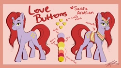 Size: 1024x576 | Tagged: safe, artist:mindlesssketching, oc, oc:love buttons, species:pony, female, reference sheet, saddle arabian, solo