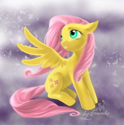 Size: 757x766 | Tagged: safe, artist:imanika, character:fluttershy, species:pegasus, species:pony, abstract background, female, looking back, mare, sitting, solo
