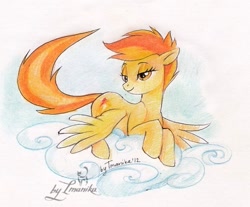 Size: 543x449 | Tagged: safe, artist:imanika, character:spitfire, species:pegasus, species:pony, alternate hairstyle, cloud, cloudy, cutie mark, eyeshadow, female, floppy ears, hooves, lidded eyes, looking at you, lying on a cloud, makeup, mare, on a cloud, prone, simple background, smiling, solo, spread wings, traditional art, white background, wings