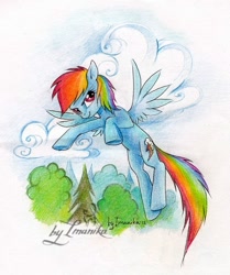 Size: 476x570 | Tagged: safe, artist:imanika, character:rainbow dash, species:pegasus, species:pony, female, flying, mare, signature, solo, traditional art