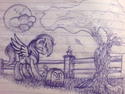 Size: 2048x1536 | Tagged: safe, artist:sa-loony, character:rainbow dash, species:pegasus, species:pony, cloud, female, gravestone, grieving, lined paper, mare, monochrome, moon, pen drawing, rest in peace, solo, traditional art, tree