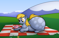 Size: 2900x1900 | Tagged: source needed, useless source url, safe, artist:jesseorange, character:derpy hooves, species:pegasus, species:pony, aderpose, butterfly, fat, female, flower, impossibly large butt, mare, picnic blanket, plot