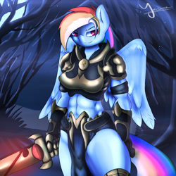 Size: 1600x1600 | Tagged: safe, artist:jamesjackobgermany, character:rainbow dash, species:anthro, abs, armor, belly button, breasts, busty rainbow dash, female, loincloth, midriff, muscles, rainbuff dash, solo, sword, unconvincing armor, weapon