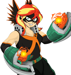 Size: 6603x6914 | Tagged: safe, artist:gogglesparks, character:sunset shimmer, species:human, absurd resolution, anime, armpits, clothing, crossover, female, fireball, humanized, katsuki bakugou, muscles, my hero academia, simple background, solo, transparent background