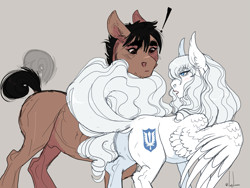 Size: 1333x1000 | Tagged: safe, artist:snowberry, species:earth pony, species:pegasus, species:pony, anime, berserk, dock, exclamation point, gay, griffith, guts (berserk), long mane, male, muscles, ponified, scar, shipping, stallion, tail wag