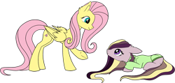 Size: 1943x928 | Tagged: safe, artist:icey-wicey-1517, artist:nightpaint12, edit, oc, oc:shy meadows, parent:fluttershy, parent:tree hugger, parents:flutterhugger, species:pegasus, species:pony, icey-verse, clothing, collaboration, color edit, colored, ear fluff, female, magical lesbian spawn, mare, mother and daughter, multicolored hair, offspring, raised hoof, simple background, sweater, transparent background