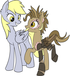 Size: 932x1005 | Tagged: safe, artist:icey-wicey-1517, artist:nightpaint12, edit, character:derpy hooves, oc, oc:tinker, parent:derpy hooves, parent:doctor whooves, parents:doctorderpy, species:pegasus, species:pony, icey-verse, amputee, artificial wings, augmented, biohacking, collaboration, color edit, colored, cyborg, ear fluff, female, grin, mare, mother and daughter, offspring, open mouth, prosthetic leg, prosthetic limb, prosthetic wing, prosthetics, raised hoof, raised leg, simple background, smiling, transparent background, wings