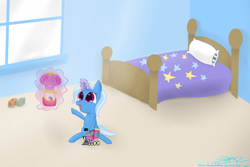 Size: 1500x1000 | Tagged: safe, artist:mikoruthehedgehog, character:trixie, character:twilight sparkle, species:pony, species:unicorn, bed, blanket, colored pupils, cute, diatrixes, female, filly, glowing horn, levitation, magic, open mouth, pillow, sitting, smiling, solo, telekinesis, toy, train, window, younger