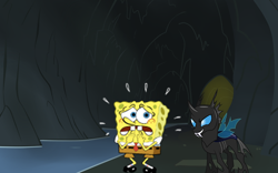 Size: 900x563 | Tagged: safe, artist:atmospark, artist:fryslan0109, species:changeling, cave, crossover, evil grin, fangs, finger biting, grin, hands on mouth, looking at each other, male, scared, smiling, spongebob squarepants, water, worried