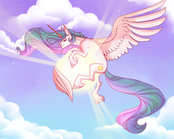 Size: 1280x1024 | Tagged: safe, artist:lady-lorienn, artist:snowberry, character:princess celestia, species:alicorn, species:pony, cloud, embrace, eyes closed, female, misleading thumbnail, sky, smiling, solo, sparkles, spread wings, sun, tangible heavenly object, unshorn fetlocks, wings
