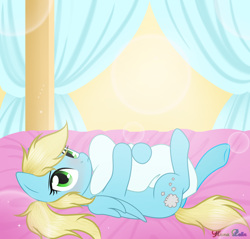 Size: 3000x2868 | Tagged: safe, artist:kim0508, oc, oc only, oc:steam cloud, species:pegasus, species:pony, bed, blushing, canopy bed, commission, cute, female, hug, looking at you, lying down, mare, on back, on bed, pillow, pillow hug, solo