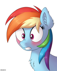Size: 4000x5000 | Tagged: safe, artist:irisarco, character:rainbow dash, species:pegasus, species:pony, blushing, chest fluff, cute, dashabetes, ear fluff, embarrassed, female, mare, nose wrinkle, shocked, simple background, solo, white background
