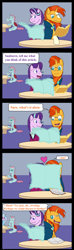Size: 1280x4302 | Tagged: safe, artist:allonsbro, character:ocellus, character:silverstream, character:starlight glimmer, character:sunburst, species:pony, species:unicorn, ship:starburst, blushing, clothing, comic, dialogue, female, kissing, male, newspaper, older, older starlight glimmer, shipping, straight, suit