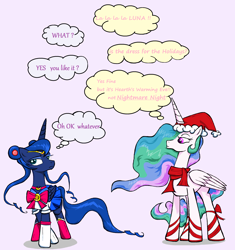 Size: 2824x3004 | Tagged: safe, artist:sallycars, character:princess celestia, character:princess luna, species:alicorn, species:pony, g4, christmas, clothing, cosplay, costume, hat, holiday, ms paint, profile, sailor moon, sailor moon redraw meme, sailor scout, santa hat, serena tsukino, whatever