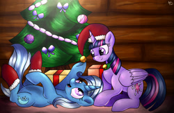 Size: 2416x1574 | Tagged: safe, artist:appleneedle, character:trixie, character:twilight sparkle, character:twilight sparkle (alicorn), species:alicorn, species:pony, species:unicorn, ship:twixie, bell, cabin, choker, christmas, christmas lights, christmas tree, clothing, commission, cute, diatrixes, female, hat, holiday, lesbian, looking at each other, mare, on back, open mouth, present, raised hoof, raised leg, santa hat, shipping, socks, tree, twiabetes, underhoof