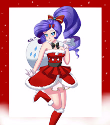 Size: 3500x4000 | Tagged: safe, artist:melliedraws, character:rarity, species:human, bare shoulders, boots, christmas, clothing, female, holiday, humanized, ponytail, santa sack, shoes, skirt, sleeveless, solo