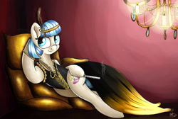 Size: 2432x1630 | Tagged: safe, artist:appleneedle, character:coco pommel, species:earth pony, species:pony, g4, bedroom eyes, bracelet, candle, chandelier, cigarette, cigarette holder, clothing, cocobetes, cute, dress, eyeshadow, fancy, feather, female, headband, jewelry, makeup, mare, necklace, pearl necklace, pillow, smoking, solo, stupid sexy coco pommel