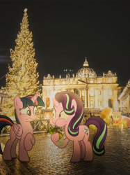 Size: 2863x3818 | Tagged: safe, artist:ponyrailartist, editor:relapse11, character:applejack, character:fluttershy, character:starlight glimmer, character:twilight sparkle, character:twilight sparkle (alicorn), species:alicorn, species:pony, cathedral, christmas, christmas tree, church, holiday, italy, night, rome, tree, vatican, vatican city