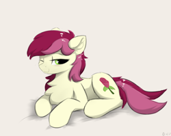 Size: 600x477 | Tagged: safe, artist:d.w.h.cn, derpibooru original, character:roseluck, species:earth pony, species:pony, chest fluff, cute, cuteluck, female, mare, one eye closed, prone, simple background, solo