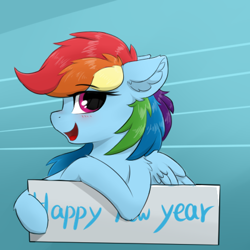 Size: 420x420 | Tagged: safe, artist:d.w.h.cn, character:rainbow dash, species:pegasus, species:pony, 2020, abstract background, blushing, cute, dashabetes, female, happy new year, happy new year 2020, holiday, mare, sign, solo