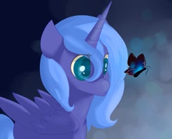 Size: 995x802 | Tagged: safe, artist:fikakorv, character:princess luna, species:pony, butterfly, curious, cute, female, frown, s1 luna, solo, watching, woona