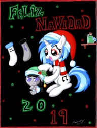 Size: 1024x1337 | Tagged: safe, artist:rammzblood, character:dj pon-3, character:octavia melody, character:vinyl scratch, species:earth pony, species:pony, species:unicorn, 2019, angry, baby, baby pony, christmas, clothing, crossed hooves, diaper, duo, duo female, female, hat, holiday, mare, octavia is not amused, potion, santa hat, scarf, smiling, socks, spanish, text, unamused, younger