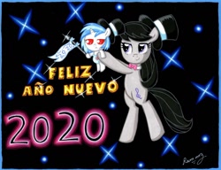 Size: 1024x785 | Tagged: safe, artist:rammzblood, character:dj pon-3, character:octavia melody, character:vinyl scratch, species:earth pony, species:pony, species:unicorn, baby, baby pony, bipedal, bow tie, clothing, diaper, duo, duo female, female, happy new year, happy new year 2020, hat, holding a pony, holiday, mare, smiling, spanish, text, top hat, unamused, vinyl is not amused, younger
